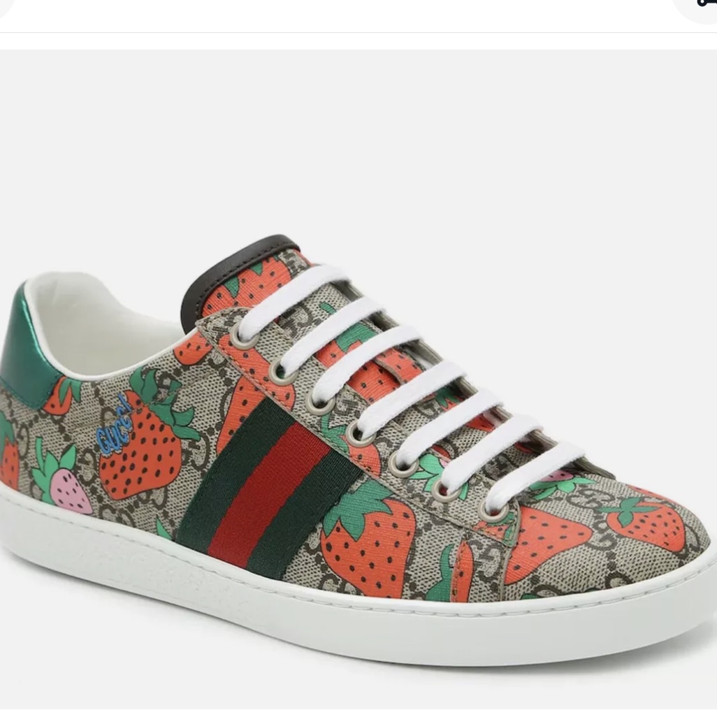 New Gucci Woman's Ace Interlocking Gg Sneakers, Beige/Strawberry (Size 35)